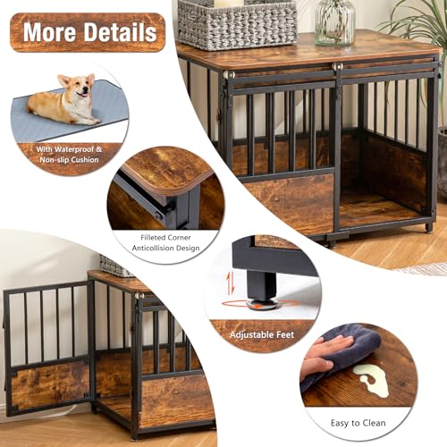 KOOPRO 32 Inch Dog Crate Furniture with Cushion for Large Medium Dogs, Wooden Heavy Duty Dog Kennel with Double Doors, Decorative Pet House Dog Cage Side End Table Indoor, Sliding Door Chew-Resistant KOOPRO
