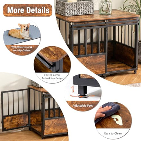KOOPRO 32 Inch Dog Crate Furniture with Cushion for Large Medium Dogs, Wooden Heavy Duty Dog Kennel with Double Doors, Decorative Pet House Dog Cage Side End Table Indoor, Sliding Door Chew-Resistant KOOPRO