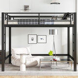 Full Size Metal Loft Bed with Safety Guardrails & Dual-Side Ladders for Kids Teens Adults,Heavy Duty Metal Loft Bed Frame with Sturdy Steel Slats & Large Under-Bed Space for Student Bedroom Dorm,Black FUvellamo
