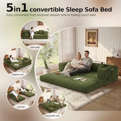 MoonSpeak 78.8''Sleeper Couch Bed for Livingroom,Convertible Modular Sofa with Armrest Pillow,Modular Foldable Corduroy Couches in a Box,No Assembly (Green) MoonSpeak