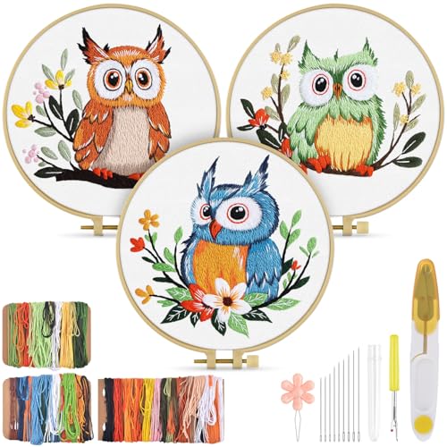 TINDTOP Embroidery Kit for Adults, Owl Embroidery Practice Kit for Adult Beginners Include Embroidery Cloth Hoops Threads for Craft Lover Hand Stitch with Embroidery Skill Techniques
