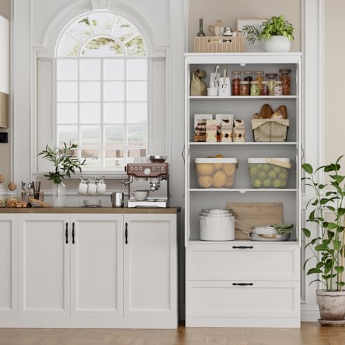 HOSTACK 70" Tall Kitchen Pantry Storage Cabinet, Barn Doors Pantry Cabinet with Drawers and Adjustable Shelf, Modern Farmhouse Storage Cabinet for Kitchen, Dining Room, Living Room, Bathroom, White HOSTACK