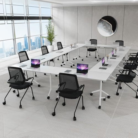 Usosidam Office Folding Conference Room Table,6 Pack Portable Mobile Conference Table with Large Wheels Foldable Modular Training Tables for Classroom Meetings Boardroom Events White55.2，6 Usosidam