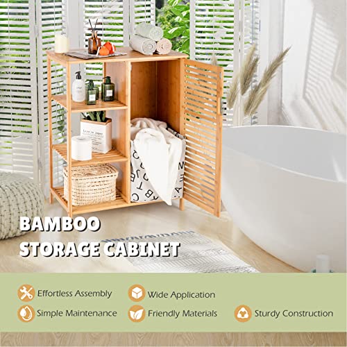 Giantex Bathroom Storage Cabinet Bamboo Floor Cabinet Free Standing Organizer, with 3-Tier Open Shelf & Multipurpose Closed Compartments for Kitchen, Living Room Giantex