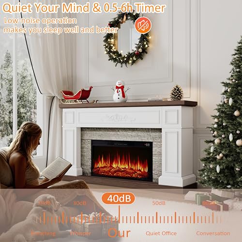 60" Fireplace with Mantel, Solid Wood White TV Stand with Fireplace for, Modern Entertainment Center TV Stand, Replaceable 30" Fireplace Insert Heater, for Living Room, Bedroom BOSHIRO