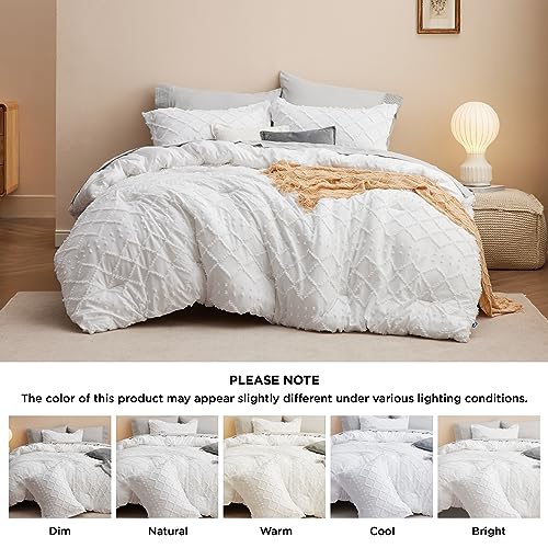Bedsure Twin Comforter Set - White Boho Twin Comforter, Shabby Chic Dorm Bedding Set for Kids, 2 Pieces Modern Farmhouse Bed Set, Includes 1 Pillow Sham Bedsure