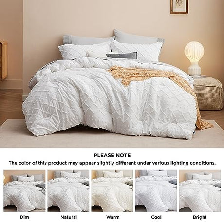 Bedsure Twin Comforter Set - White Boho Twin Comforter, Shabby Chic Dorm Bedding Set for Kids, 2 Pieces Modern Farmhouse Bed Set, Includes 1 Pillow Sham Bedsure