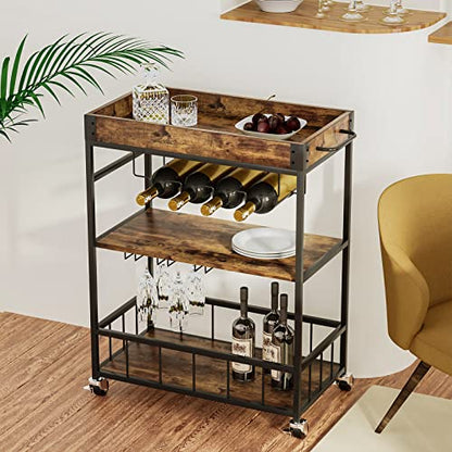 Azheruol Bar Cart Serving Wine 3 Tier Home Rolling Rack with Wheels Mobile Kitchen Industrial Vintage Style Wood Metal Serving Trolley Serving Cart,Glass Holder Bar Cabinet