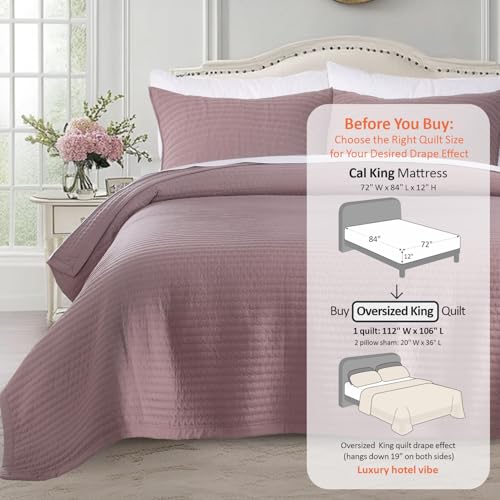 Oversized King Quilt Set 112"x106" – Soft Washed 3-Layer Lightweight California King Bedspread, Minimalist Nordic Design, All-Season Quilt Bedding (1 Quilt + 2 Pillow Shams), Twilight Mauve Purple KASENTEX