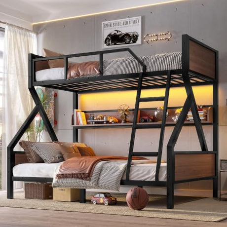 Harper & Bright Designs Twin Over Full Bunk Bed with Storage Shelves and LED Lights, Metal Bunk Bed Frame for Kid Teens, Space-Saving & Noise-Free Design, Black Harper & Bright Designs