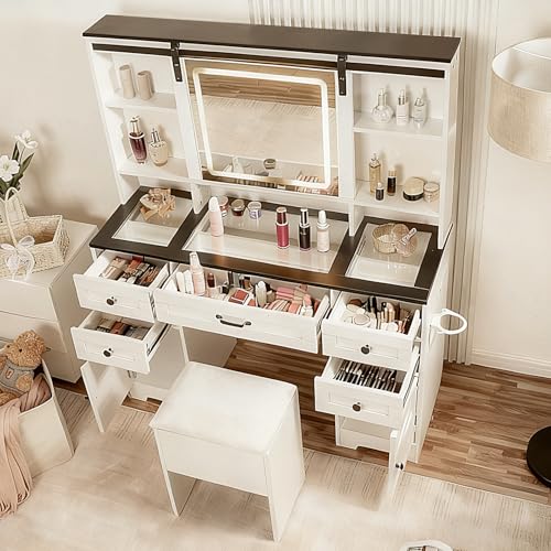 Hoyiestp Vanity with Sliding Barn Mirror, Glass Top Makeup Desk with Outlet & Charging Station, 3-Color Lights, 7 Drawers & Shelves for Bedroom, Modern Adjustable Storage Dresser Table Hoyiestp