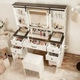 Hoyiestp Vanity with Sliding Barn Mirror, Glass Top Makeup Desk with Outlet & Charging Station, 3-Color Lights, 7 Drawers & Shelves for Bedroom, Modern Adjustable Storage Dresser Table Hoyiestp