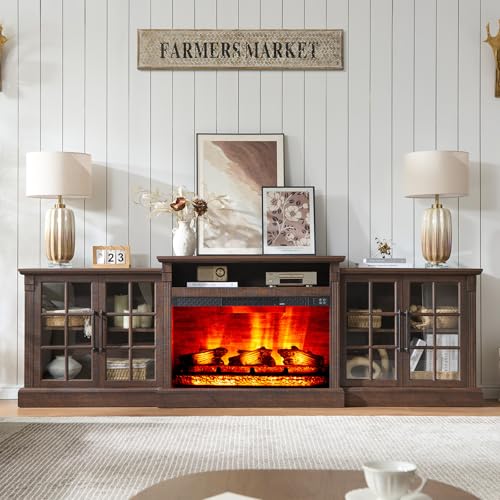 AMERLIFE 97" Farmhouse Fireplace TV Stand, Entertainment Center with Large Storage Space and Adjustable Shelf, Media Console for Living Room, Rustic Brown AMERLIFE