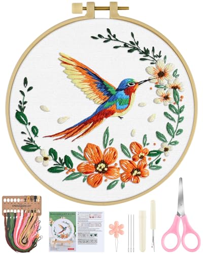 ERKOON Embroidery Kit for Beginners, Hummingbird and Flower Cross Stitch Set for Include Embroidery Cloth Hoops Threads for Craft Lover Hand Stitch (Colorful Hummingbird)