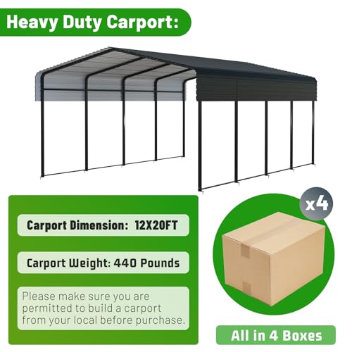 NUGRIART 12 x 20 FT Metal Carport with Heavy Duty Galvanized Steel Roof & Durable Frame, Metal Car Garage, Sturdy Canopy Shelter for Car, Truck, Pickup, SUV, Tractor, and Boat NUGRIART