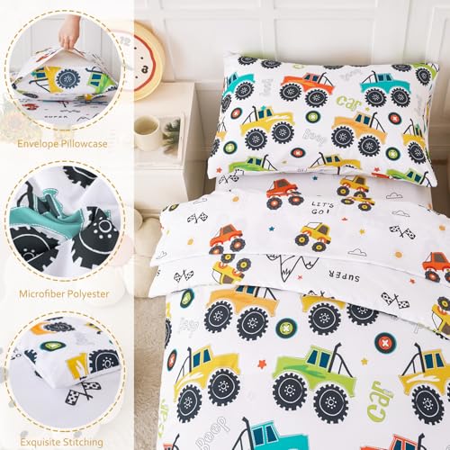 PERFEMET Toddler Bedding Set 4 Pieces Bed Set for Boys All Seasons 1 Deep Pocket Sheet and 1 Lightweight Comforter Soft Cute Colorful Pattern Cozy Children Bedroom Cars White PERFEMET