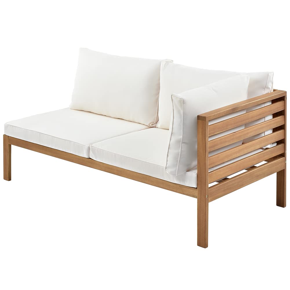 YSWH Exotic Design 4 Pieces Outdoor Patio Furniture Sectional Sofa Sets with Cushions, Eucalyptus Wood Frame with Slatted Tabletop Tea Table and Backrest, Natural Frame + Beige Cushions YSWH