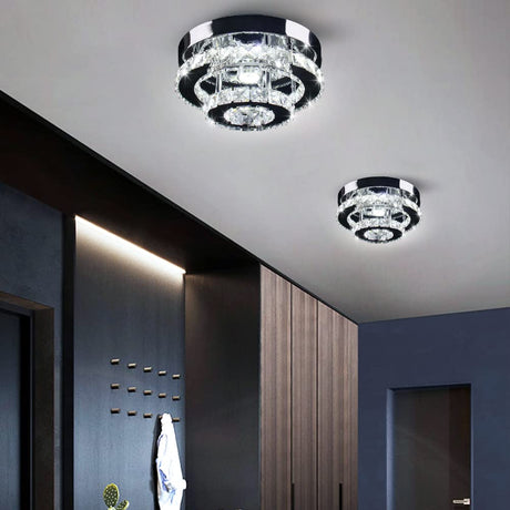 Cainjiazh Mini Chandelier LED Crystal Ceiling Light 2 Layers Flush Mount Ceiling Light Modern Chandelier Lighting for Hallway Staircase Kitchen Bathroom (Cool White) Cainjiazh