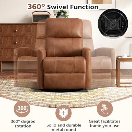 HAOMARKETS Swivel Rocker Recliner Chair, Manual Faux Leather Glider Rocking Recliners for Adults, 360° Swivel Nursery Reclining Sofa with Padded Backrest for Living Room, Dark Brown HAOMARKETS