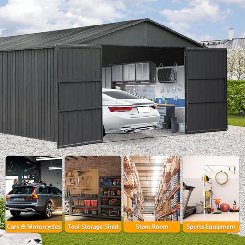 Domi 12x25FT Heavy Duty Outdoor Metal Garage Shed & Carport – Extra Large Lockable Double Door Storage Shelter for Cars, Trucks, Motorcycles, Lawn Equipment (Dark Grey) domi outdoor living