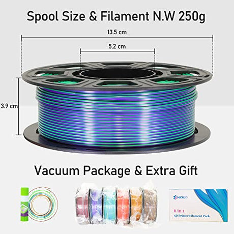 MIKA3D 6 Spools Bicolor Dual Color 1.75mm 3D Printer Filament Bundle, 3D Printing Silk PLA, Silk Black-Red/Purple-Green/Blue-Green/Red-Gold/Gold-Copper/Black-Orange, 3D Printing PLA 250g X 6 Spools MIKA3D