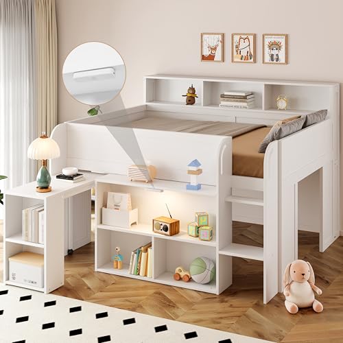Merax Low Loft Bed with Pull-Out Desk, Full Size Loft Bed with 8 Storage Shelves and Lights, Wooden Kids Loft Bed with Safety Guardrail, Under-Bed Play Space, No Box Spring Needed, Noise-Free, White Merax