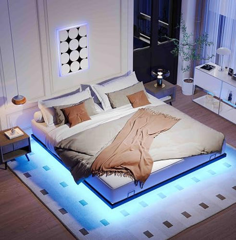Mdhitsox Floating Bed Frame King, LED Bed Frame with Lights, Metal Platform Beds with Storage Bag, Heavy Duty Camas, No Box Spring Needed, Easy Assemble, Noise-Free, Black (King-2) Mdhitsox