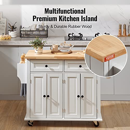 VEVOR Kitchen Island Cart with Solid Wood Top, 35.4" Width Mobile Carts with Storage Cabinet, Rolling Kitchen Table with Spice Rack, Towel Rack, and Drawer, Portable Islands on Wheels, White - WoodArtSupply