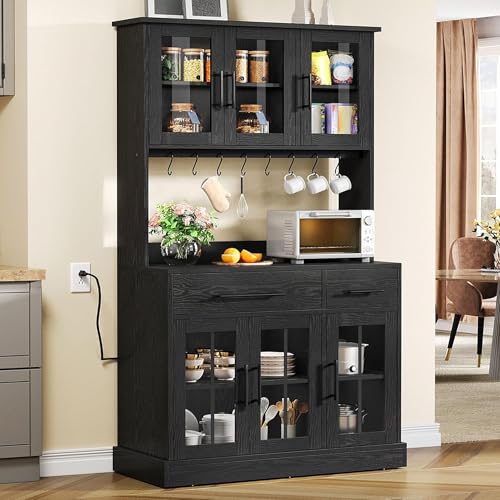 DWVO Kitchen Pantry Storage Cabinet with Microwave Stand, 71'' Tall Kitchen Hutch Cabinets with Power Outlet, Modern Food Pantry Hutch with Drawers ＆ Shelves for Home, Pack of 1, Black DWVO