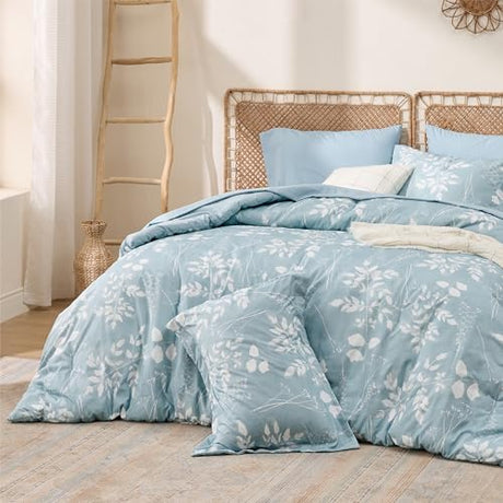 Bedsure Sky Blue Queen Comforter Set - 7 Pieces Floral Bedding Sets, Queen Bed in a Bag with Reversible Botanical Flowers Comforter, Sheets, Pillowcases & Shams Bedsure