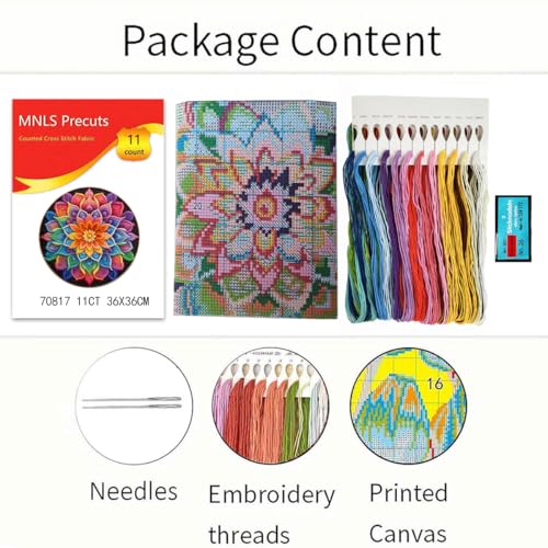 Zhenqing Mandala Cross Stitch Kit for Beginners, 11CT Printed 36x36cm, Full Stitch Colorful Flower Design with Threads & Instructions (70817)