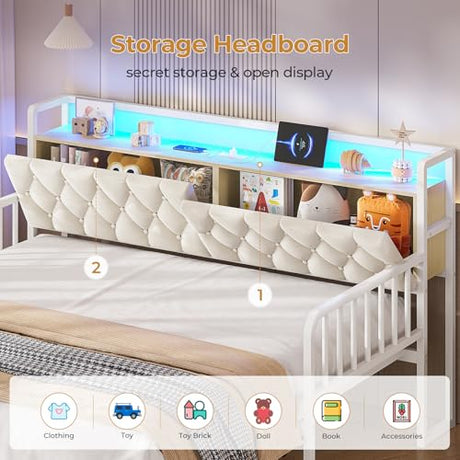 ADORNEVE Daybed with Trundle, Twin to King Daybed with Charging Station & LED Lights, Metal Trundle Bed Twin with Hidden Storage Headboard, Upholstered Sofa Day Bed for Living Room, Bedroom, White ADORNEVE