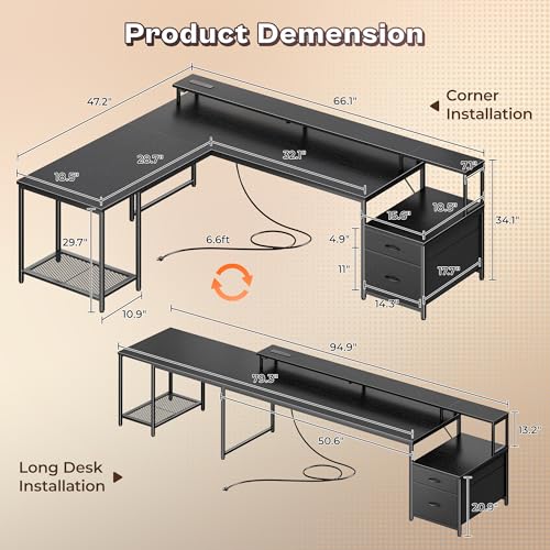 PRAISUN 66" L Shaped Gaming Desk with LED Lights & Power Outlets, Computer Desk with Fabric Drawers and Print Stand, Corner Office Desk, Monitor Stand, Mesh CPU Stand, Black PRAISUN