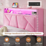 VIAGDO Pink Twin Bed Frames with LED Lights, Upholstered Platform Bed Frame Twin Size with Storage Headboard and Charging Station, LED Twin Bed Frame, No Box Spring Needed VIAGDO