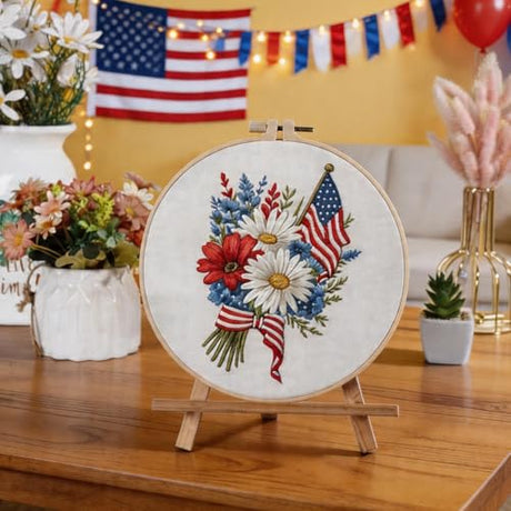 BBLYBD 4th of July Embroidery Kit, 4 Set Patriotic Cross Stitch Craft Kits for Beginners with Pre-Printed Embroidery Fabric, Hoops, Step-by-Step Instructions, Color Threads & Needles (Red White Blue) BBLYBD