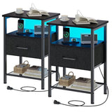 TRIFEBLE Night Stand Set 2, End Table with Charging Station, LED Bedside Table with Fabric Drawer for Bedroom, 3-Tier Side Table with Open Shelf, Black TRIFEBLE