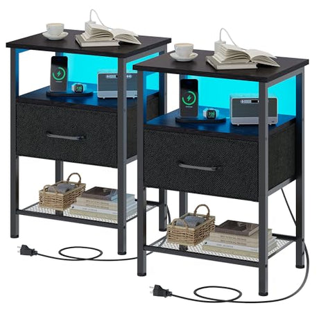 TRIFEBLE Night Stand Set 2, End Table with Charging Station, LED Bedside Table with Fabric Drawer for Bedroom, 3-Tier Side Table with Open Shelf, Black TRIFEBLE