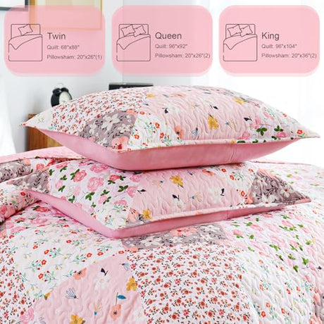 Whale Flotilla Patchwork Quilt Twin Size, Extra Soft Boho Floral Bedspreads for Bed Reversible Lightweight Twin Quilt Bedding Set Printed Coverlets with 1 Pillow Sham for All Seasons, Pink Whale Flotilla