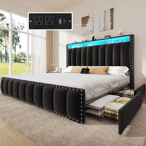 DWVO Queen Size Bed Frame with 4 Storage Drawers and RGB LED Lights, Velvet Upholstered Platform Bed with Charging Station and Bookcase Storage Headboard, No Box Spring Needed, Easy Assembly, Black DWVO