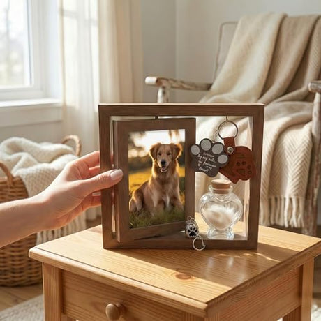 Kinerby Rotating Pet Memorial Photo Frame 4x6, Solid Wood Dog and Cat Loss Sympathy Gift with Fur Keepsake Bottle & Ash Pendants, Double-Sided Remembrance Picture Display for Grieving Pet Owners Kinerby