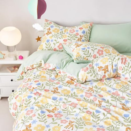 Wake In Cloud - Floral Bedding Set for Girls, Cute Colorful Botanical Flowers Deers Patterned Soft Lightweight Comforter Set with Sheets, 5 Pieces Kids Bed in a Bag, Green Cream, Twin Size Wake In Cloud