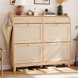 LINSY Shoe Storage Cabinet, Rattan Shoe Cabinet Wood Shoes Rack Cabinets with Sliding Tambour Door, Large Flip Drawer Shoe Cabinet Boho Hidden Shoe Storage for Entryway, Front Door, Hallway, Oak LINSY