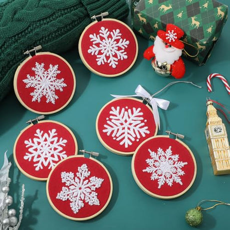 Roowest 6 Sets Winter Embroidery Kits for Beginners Adults Winter Snowflakes Cross Stitch Embroidery Ornament Kit DIY Craft Needlepoint Sets with Pattern Instructions Thread Needle Ribbon(Red) Roowest