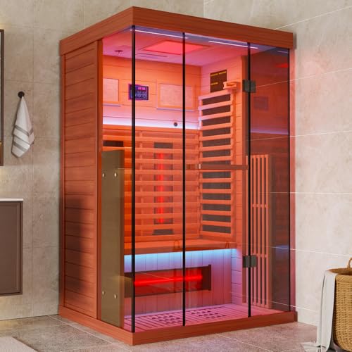 MEISSALIVVE Full Spectrum Infrared Sauna，1-2 Person Home Sauna，Red Cedar Indoor Sauna with Resonance Speaker, Panoramic Tempered Glass Door MEISSALIVVE