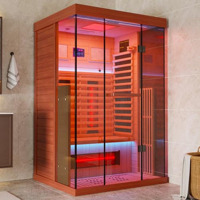 MEISSALIVVE Full Spectrum Infrared Sauna，1-2 Person Home Sauna，Red Cedar Indoor Sauna with Resonance Speaker, Panoramic Tempered Glass Door