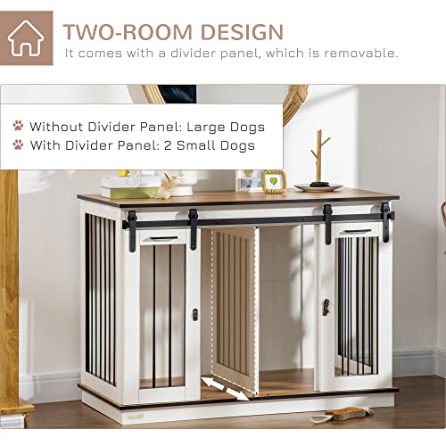 PawHut Dog Crate Furniture with Divider, Dog Crate End Table for Small to Large Dogs, Large Indoor Dog Kennel with Double Doors, 47" W x 23.5" D x 35" H, White - WoodArtSupply