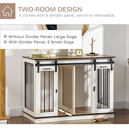 PawHut Dog Crate Furniture with Divider, Dog Crate End Table for Small to Large Dogs, Large Indoor Dog Kennel with Double Doors, 47" W x 23.5" D x 35" H, White - WoodArtSupply