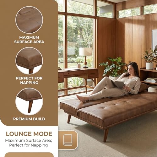Anwick 66" Futon Sofa Bed with Cup Holders, Modern Brown Leather Loveseat for Living Room, Convertible 2 Seater Sleeper Sofa Couch for Small Compact, Office, Apartment Anwick