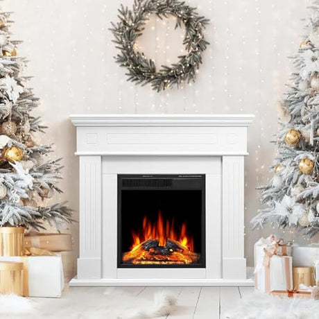 43. 39" Fireplace TV Stand with Mantel - Electric Fireplace Heater, Wooden Entertainment Center, Adjustable LED Flame, Freestanding (750W/1500W),Pearl White ZAFRO