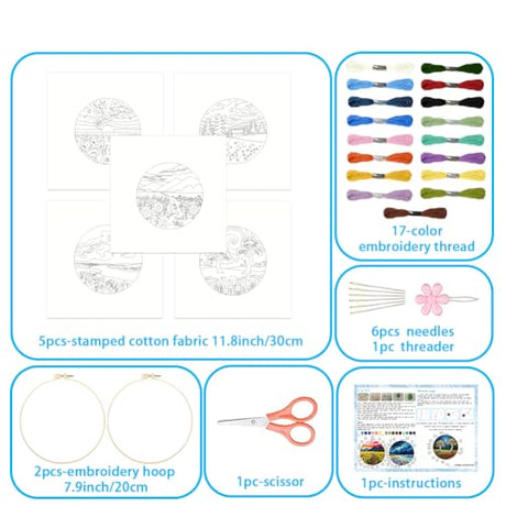 ACRNIGHEET 5 Pack Embroidery Kit for Beginners Adults, Stamped Cross Stitch Kits, Hand Embroidery Starter Kit Including 5 Stamped Embroidery Cloth, Colorful Threads, Hoop, Instruction, Gift Idea ACRNIGHEET
